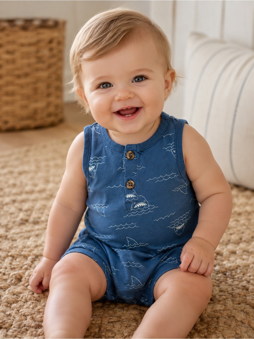 Old Navy Shark Fin Print Sleeveless Infant Polo Romper 6-9mth